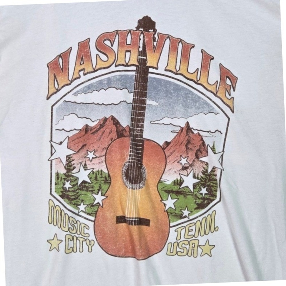 Time and Tru Graphic Tee Women XL White Nashville Music City Guitar Souvenir